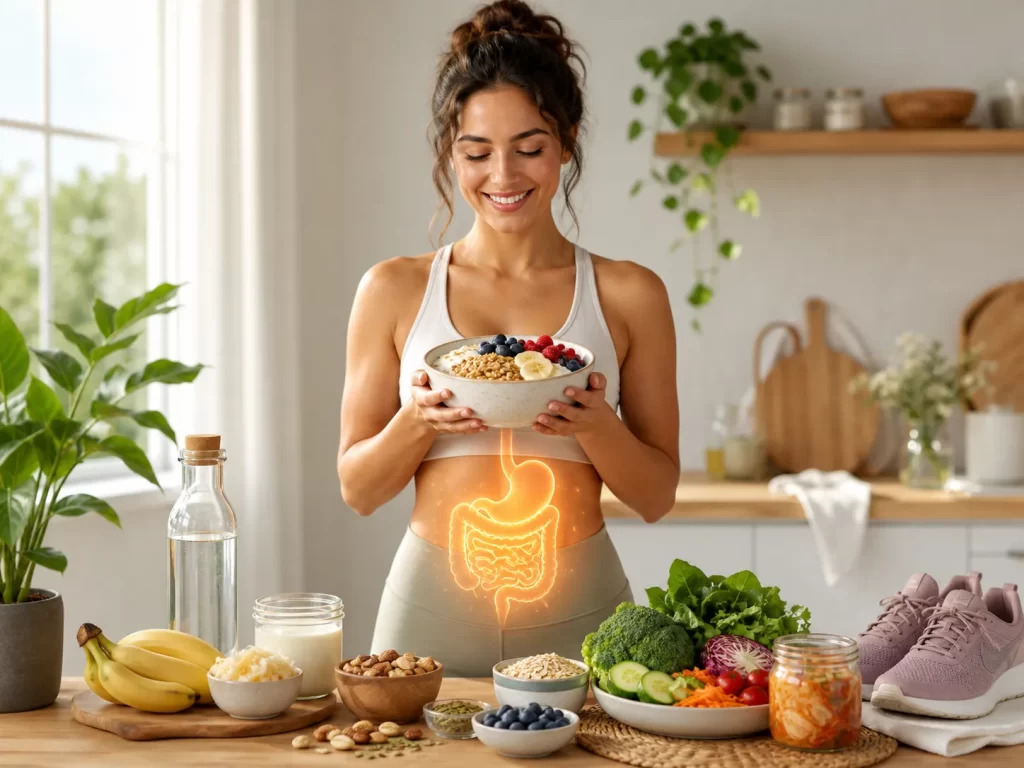 Een frisse wellnessfoto over het ondersteunen van je darmen met vezelrijke voeding, fermentatieproducten, water en dagelijkse beweging.