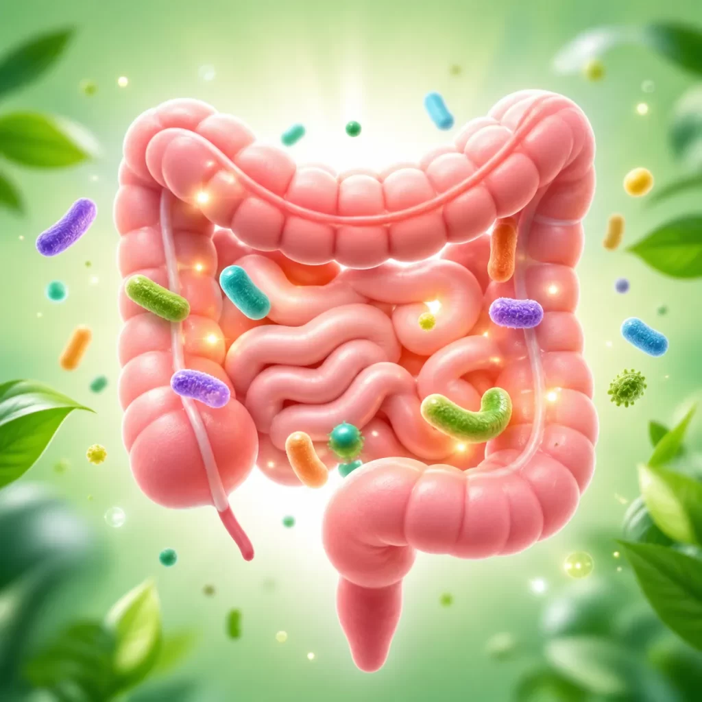 Een frisse illustratie van een gezonde darm met goede bacteriën en natuurlijke groene accenten.