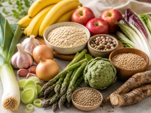 Verse vezelrijke producten zoals bananen, haver, knoflook, ui en asperges voor een gezond en gebalanceerd eetpatroon.