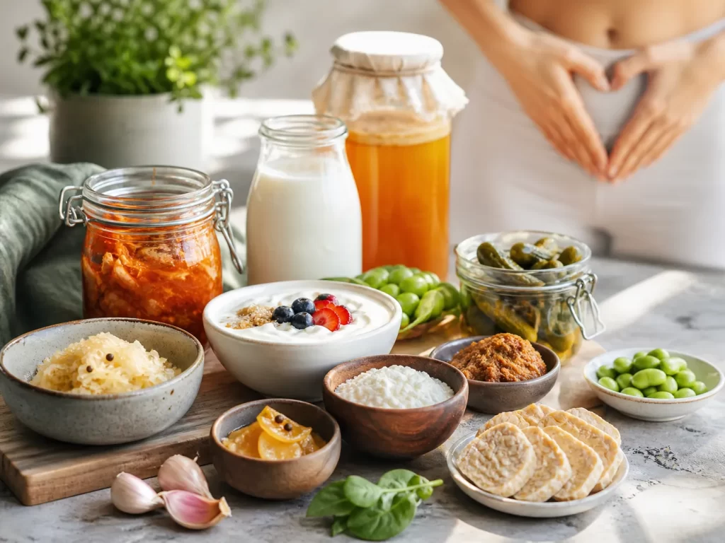 Een frisse selectie van yoghurt, kefir, kimchi, zuurkool, kombucha en andere gefermenteerde producten voor een gezonde darmflora.