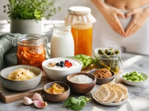 Een frisse selectie van yoghurt, kefir, kimchi, zuurkool, kombucha en andere gefermenteerde producten voor een gezonde darmflora.
