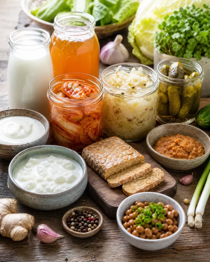 Een kleurrijke selectie van yoghurt, kefir, kimchi, zuurkool, pickles, miso, tempeh en natto als darmvriendelijke voeding.