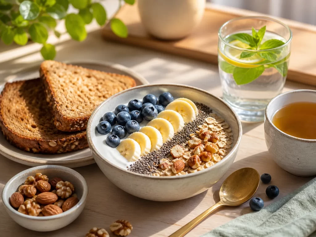Een voedzaam ontbijt met yoghurt, fruit, zaden, noten en volkoren toast voor een gezonde start van de dag.