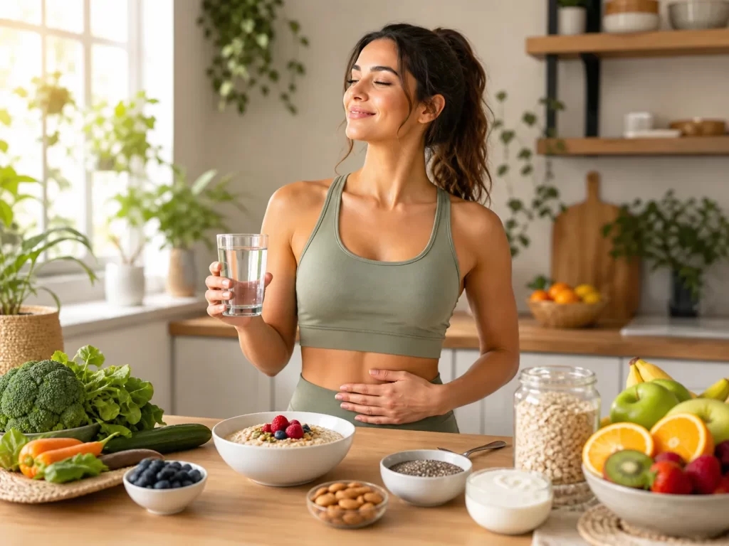 Een gezonde ochtendroutine met water, vezelrijke voeding en rust voor meer regelmaat.