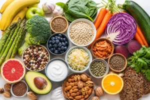 Een kleurrijke selectie van vezelrijke, verse en gefermenteerde voeding voor een gezonde darmflora.