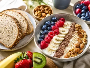 Een kleurrijk ontbijt met havermout, fruit, noten, zaden en volkorenbrood voor een goede start van de dag.
