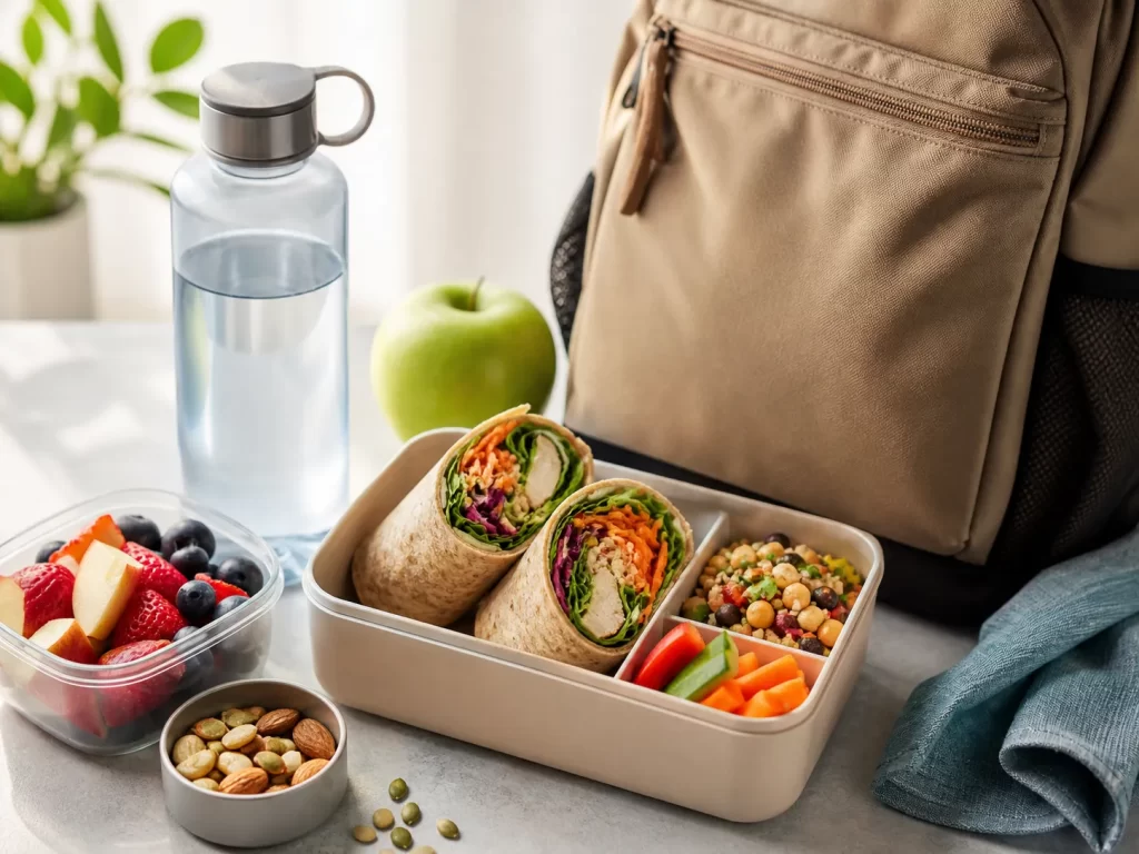 Gezonde lunchbox met volkoren wraps, groenten, fruit, noten en water voor werk, school of onderweg.