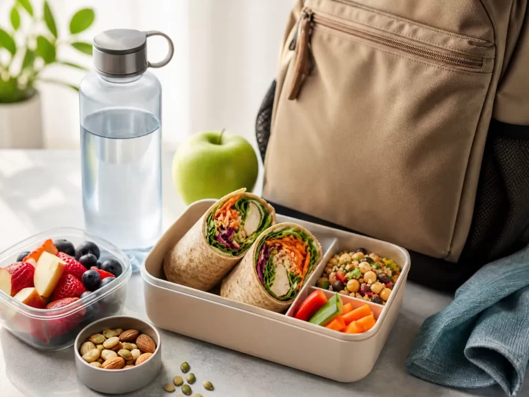Gezonde lunchbox met volkoren wraps, groenten, fruit, noten en water voor werk, school of onderweg.