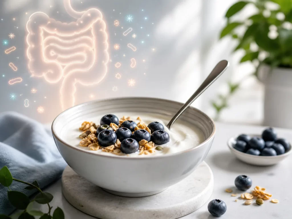 Verse yoghurt met blauwe bessen en granola, als symbool voor een gezonde spijsvertering en sterke darmgezondheid.