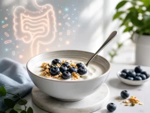 Verse yoghurt met blauwe bessen en granola, als symbool voor een gezonde spijsvertering en sterke darmgezondheid.