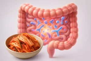Een illustratie van kimchi en darmen die de positieve invloed van gefermenteerde voeding op een gezonde darmflora laat zien.