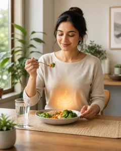 Mindful genieten van elke hap voor een ontspannen spijsvertering.