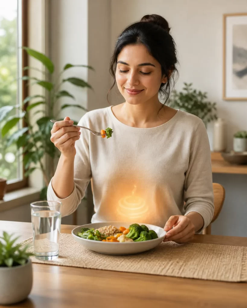 Mindful genieten van elke hap voor een ontspannen spijsvertering.