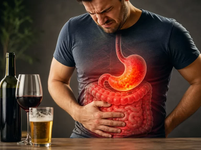 Een man ervaart maag- en darmklachten na alcoholgebruik, met zichtbare irritatie van het spijsverteringsstelsel.